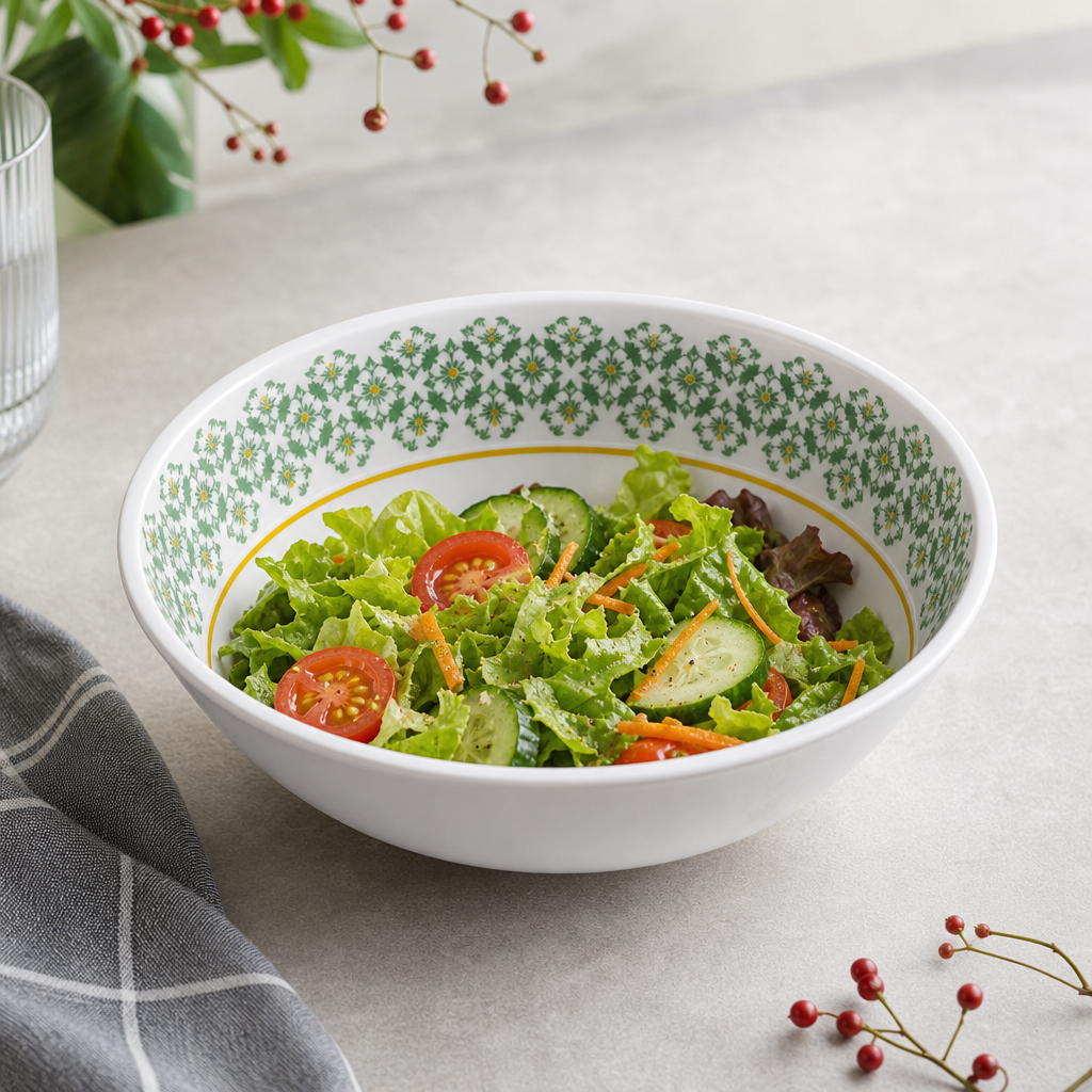 96 Pieces Melamine Salad Bowl, 8 Inch, White with Green and Yellow Pattern