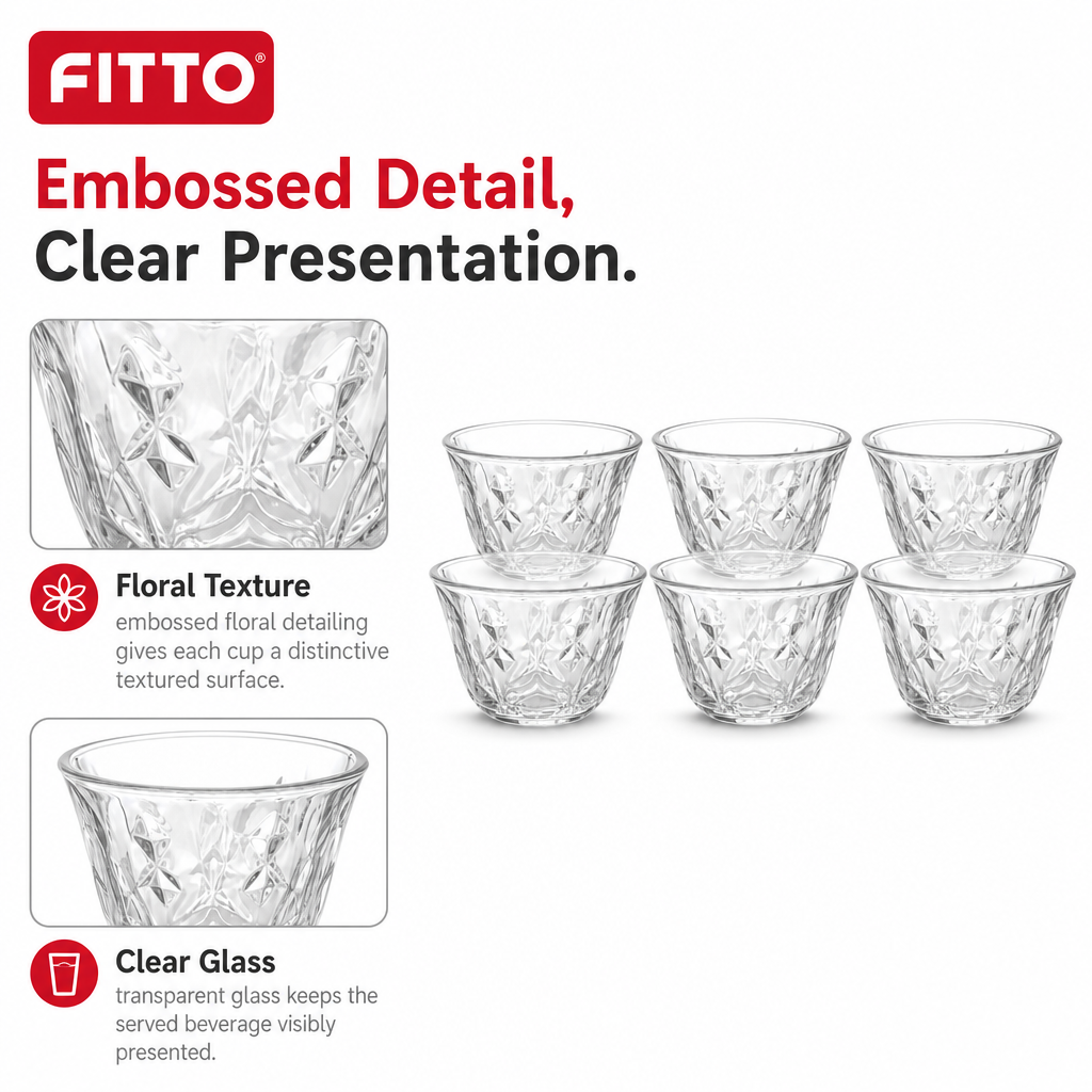 96 Pieces Clear Glass Cawa Cups with Embossed Floral Design, 6 Pieces