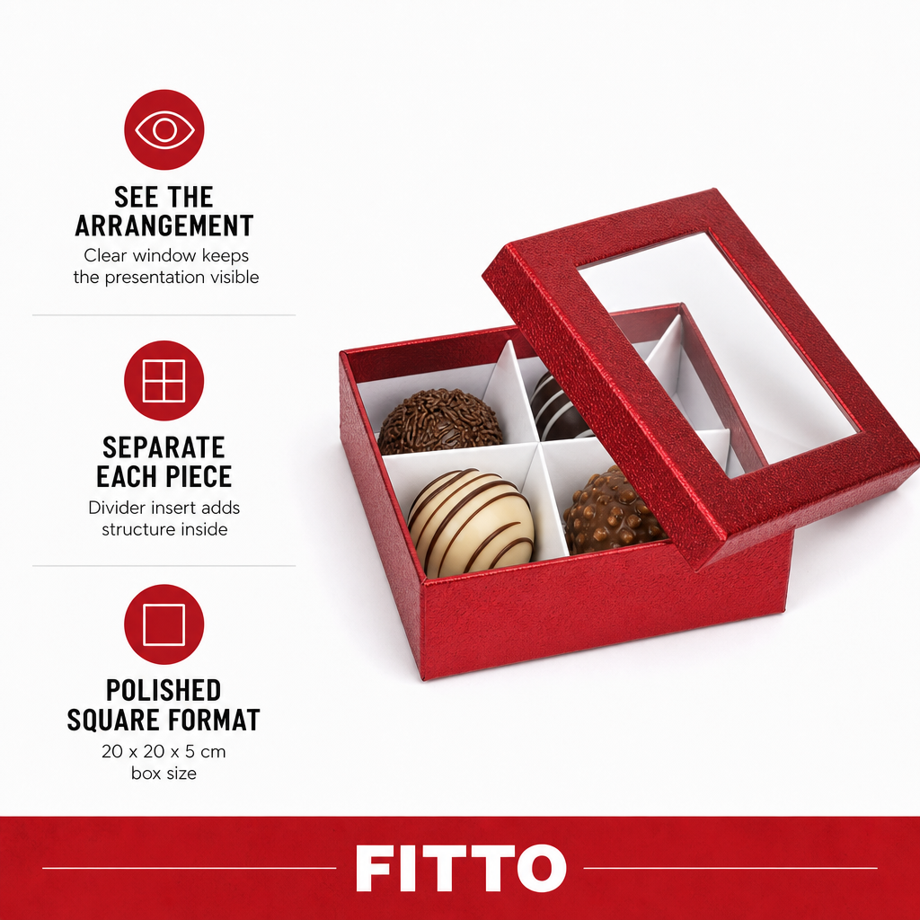 96 Pieces Red Square Chocolate Presentation Box with Clear Window and Divider Insert, 20 x 20 x 5 cm, 1 Piece