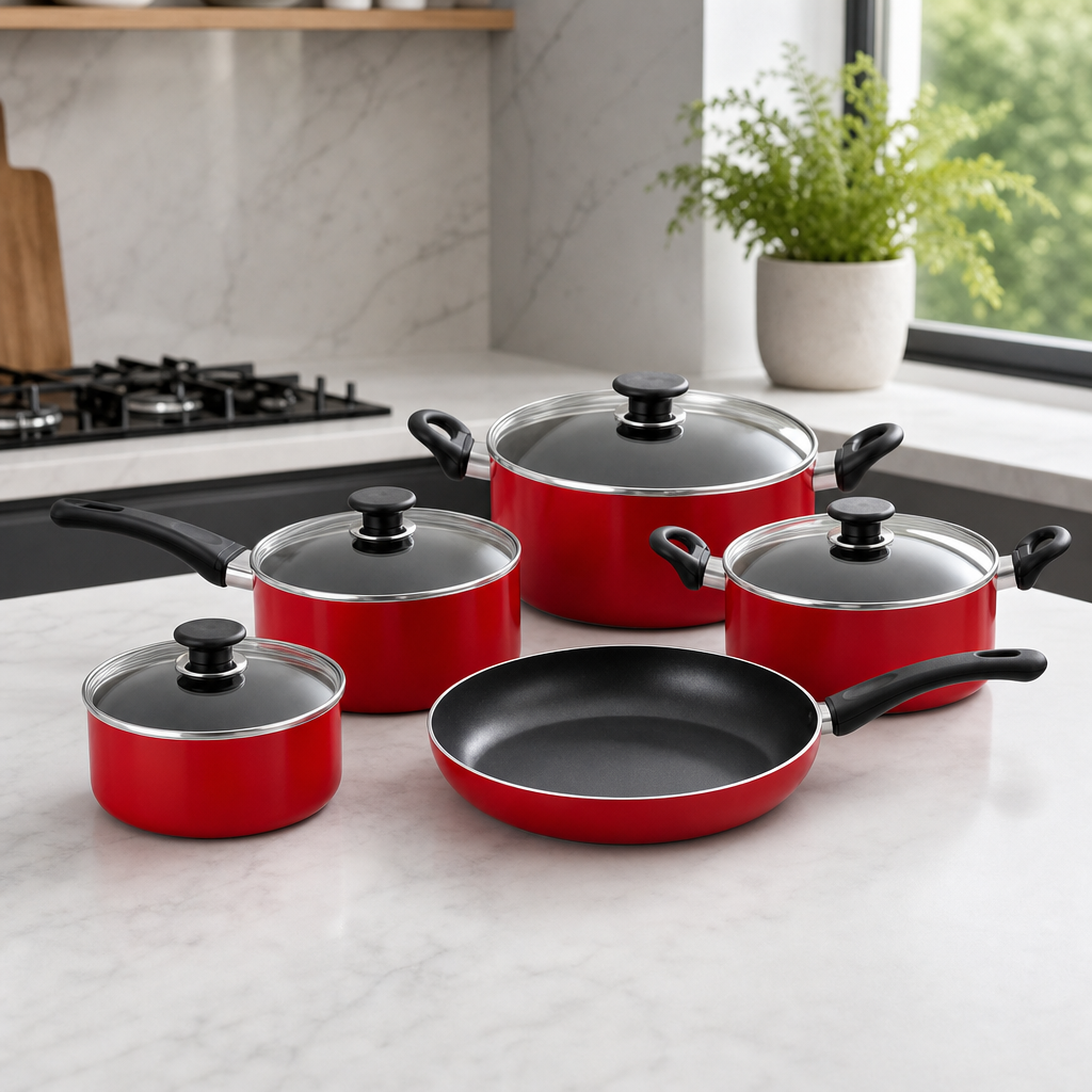 48 Pieces 9-Piece Non-Stick Cookwares Set with Glass Lids, Red