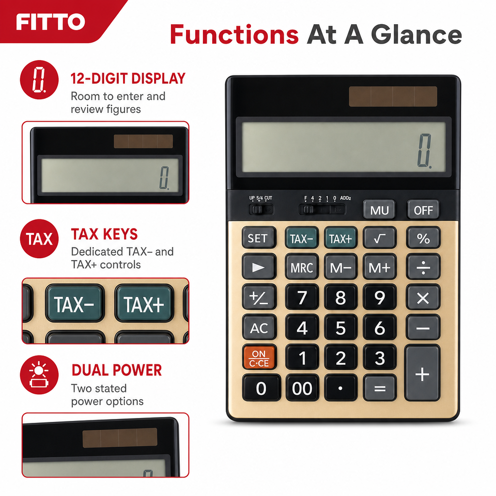 72 Pieces Electronic Calculators, 12-Digit Display with Tax Function and Dual Power, Black and Gold, 1 Piece