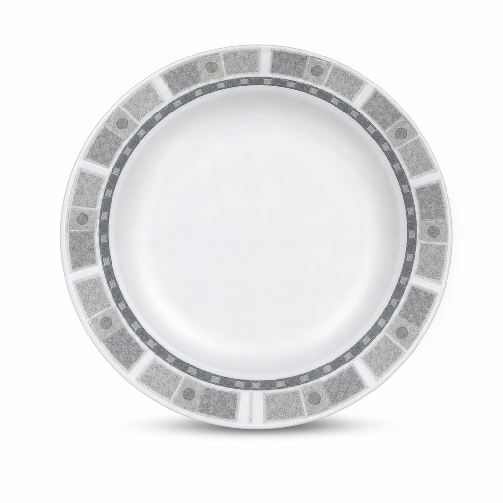 96 Pieces Soup Plate, 11 Inch Round Grey Plate with Geometric Border for Dining Table Settings