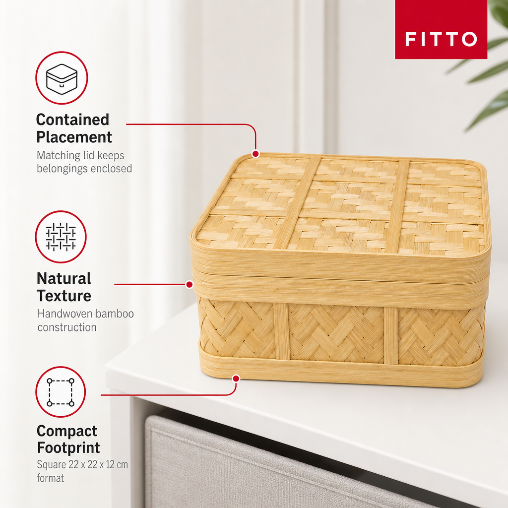 72 Pieces Handwoven Bamboo Storage Box with Lid, Square 22 x 22 x 12 cm