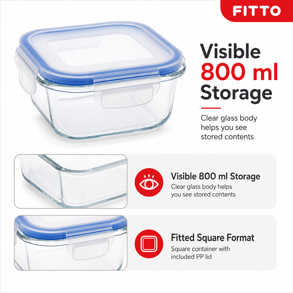 96 Pieces Square Glass Food Container with PP Lid, 800 ml