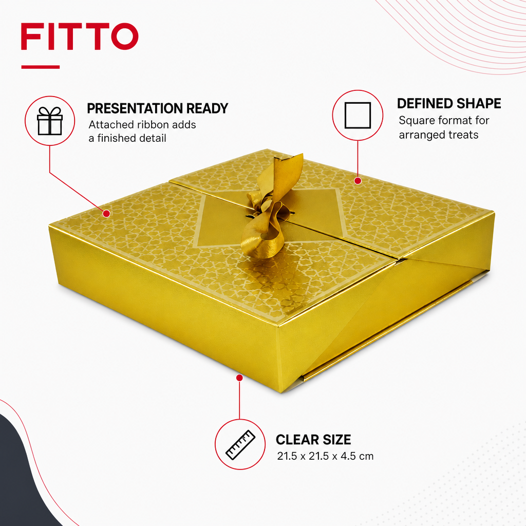 96 Pieces Gold Square Chocolate Presentation Box with Ribbon, 21.5 x 21.5 x 4.5 cm, 1 Piece