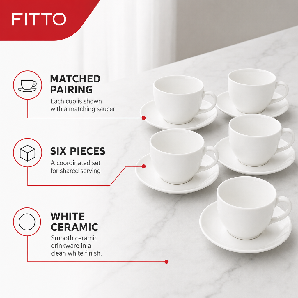 60 Pieces Ceramic Tea and Coffee Cups with Saucers, White, 6-Piece Set