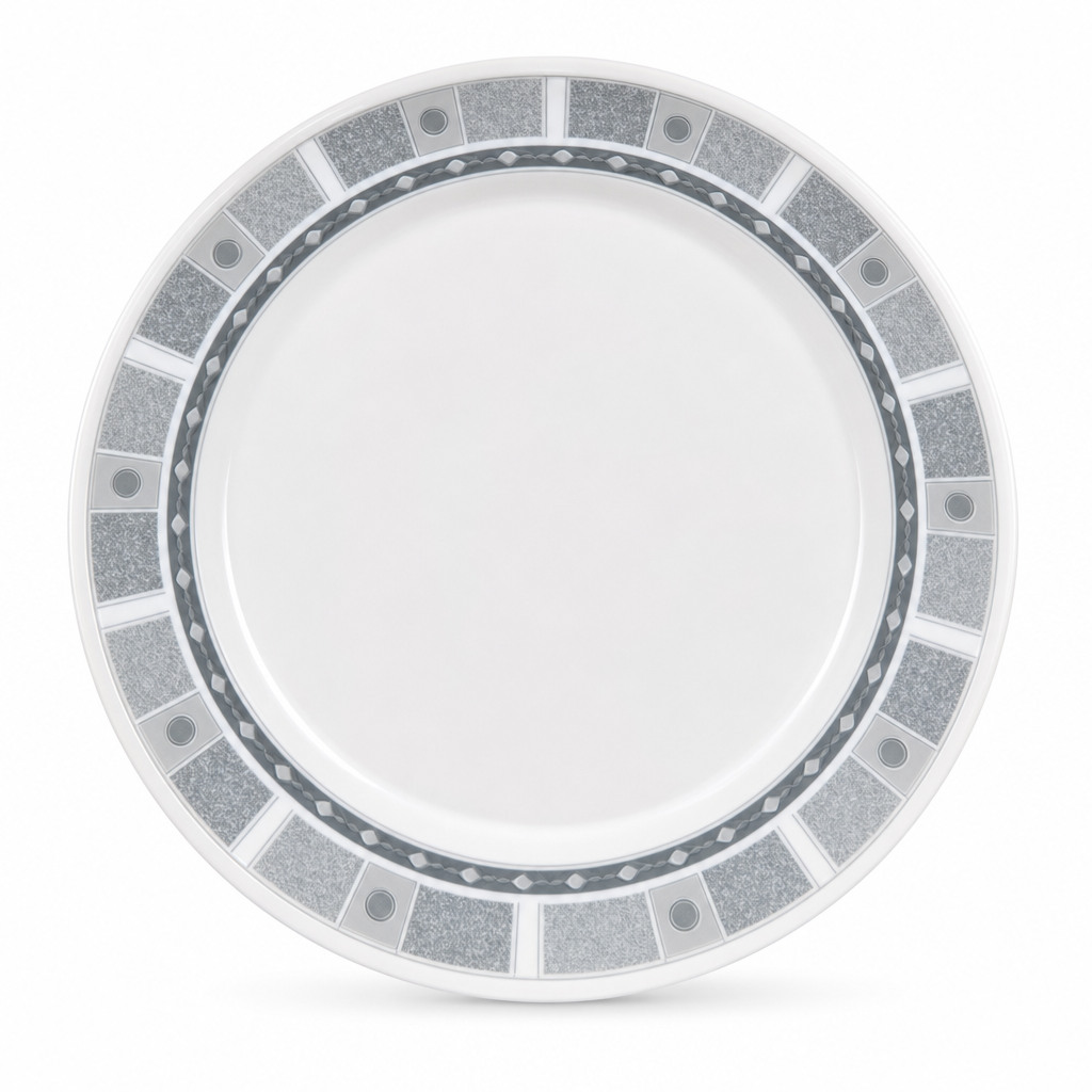120 Pieces Dinner Plate, 10 Inch, Grey With Geometric Border, Round Tablewares For Meal Serving
