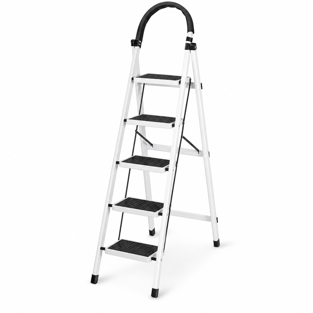 48 Pieces White 5-Step Folding Metal Step Ladder, 165 x 46 cm, 1 Piece
