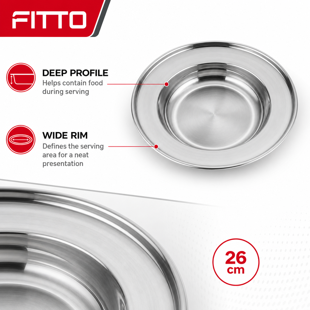 120 Pieces Stainless Steel Round Deep Plate with Wide Rim, 26 cm, 1 Piece