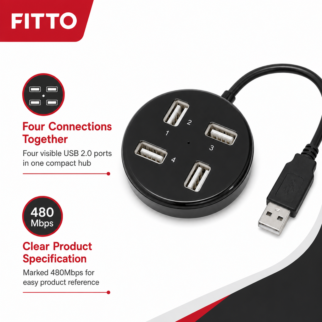 96 Pieces 4-Port USB 2.0 Hub, 480Mbps Data Transfer, Black