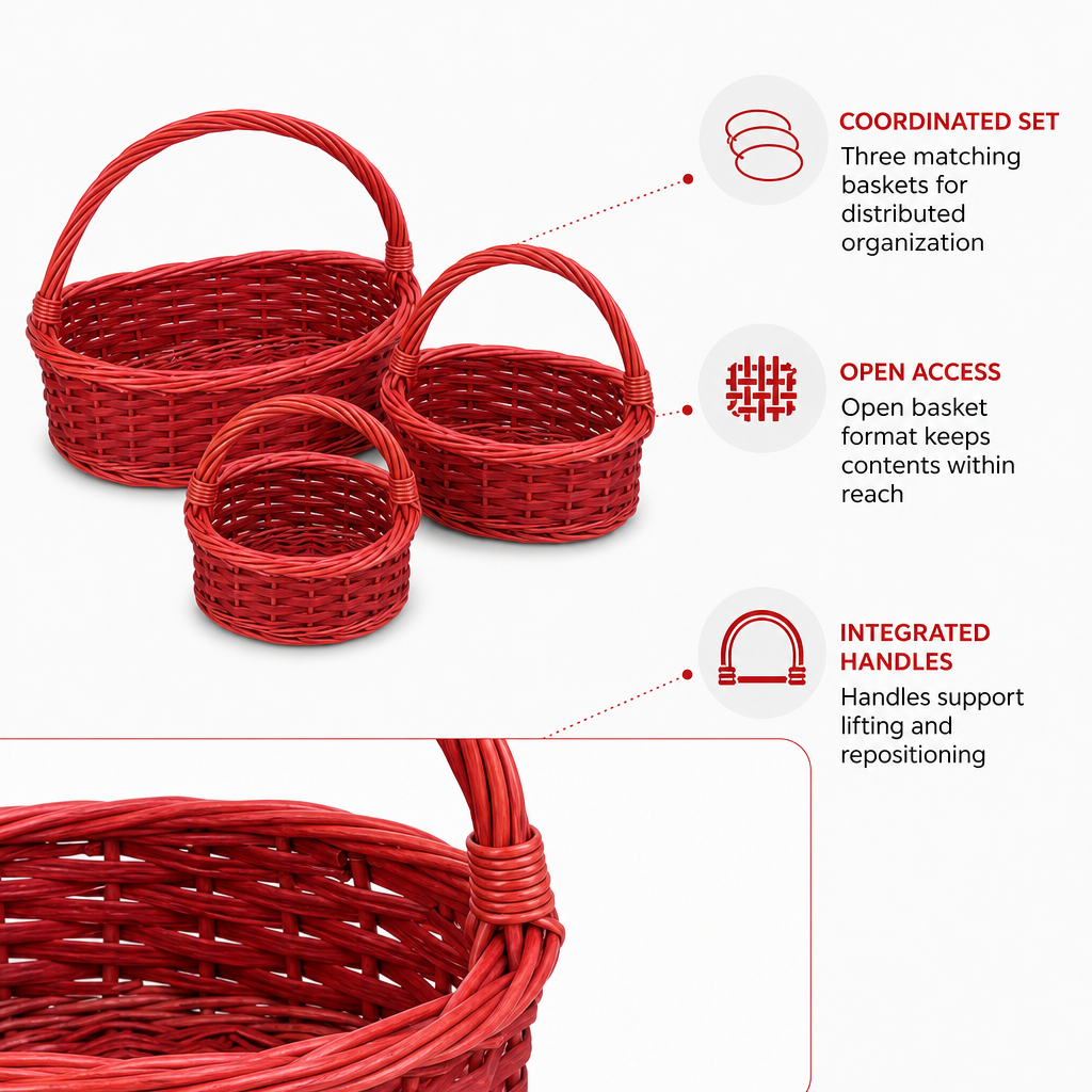 60 Pieces Oval Wicker Basket Set with Handles, Red, 3 Piece, 39 x 31 x 20 cm