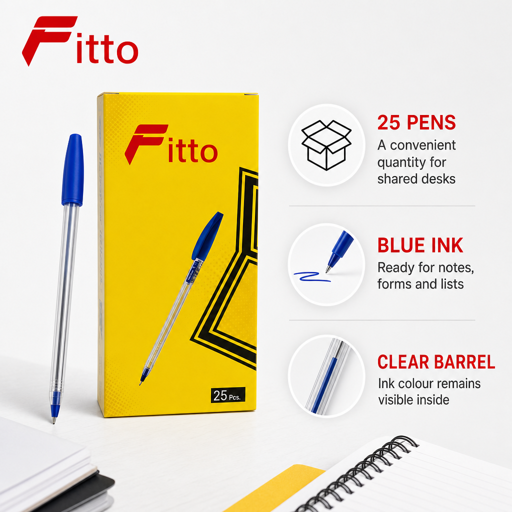 96 Pieces Ball Pens, Blue Ink, 25 Pack, Clear-Barrel Writing Pens for Office, School and Everyday Notes