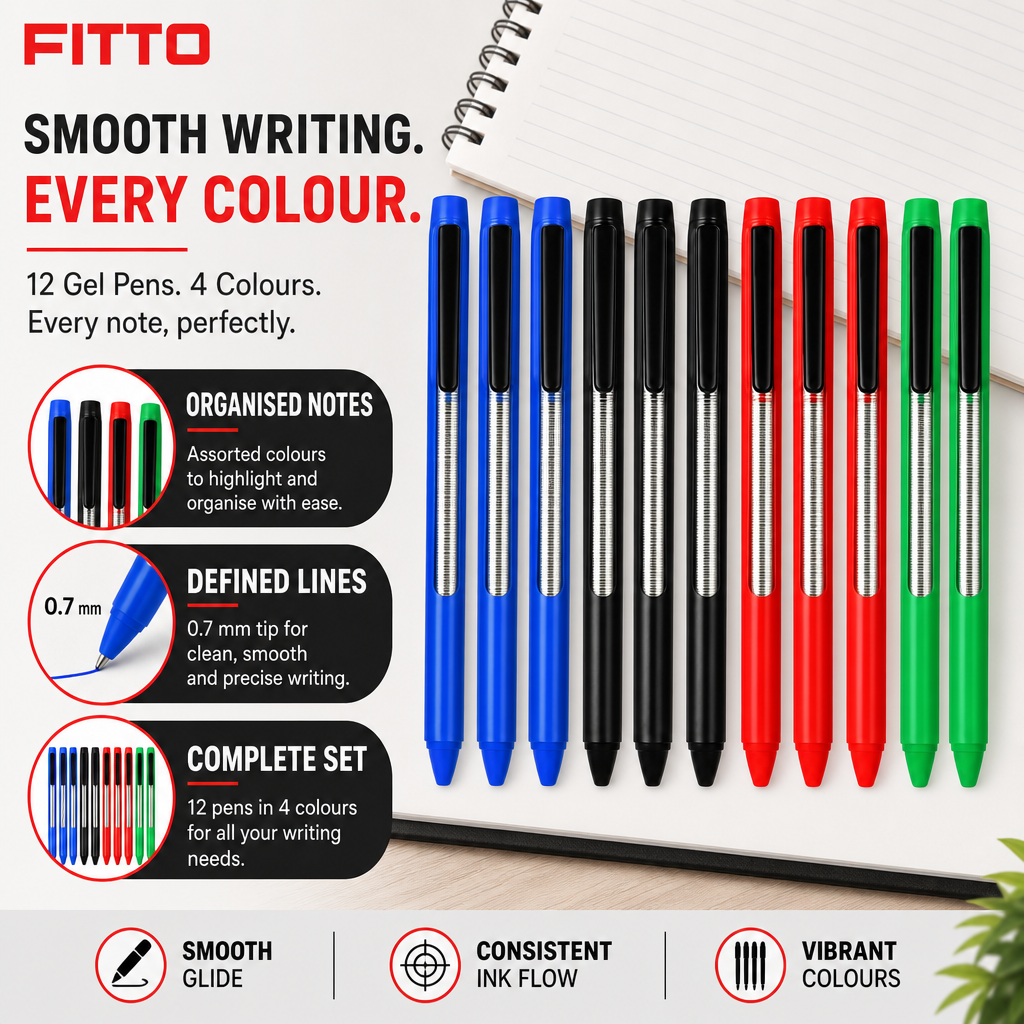 96 Pieces Gel Pens, Arrow Tip, 0.7 mm, Assorted Colours, 12-Pack