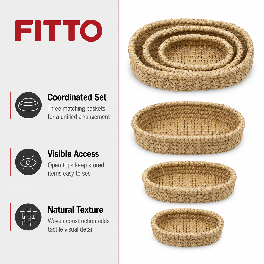 48 Pieces Oval Woven Basket Set, Natural, 3 Piece, Home Storage Organizers, 40 x 30 x 18 cm