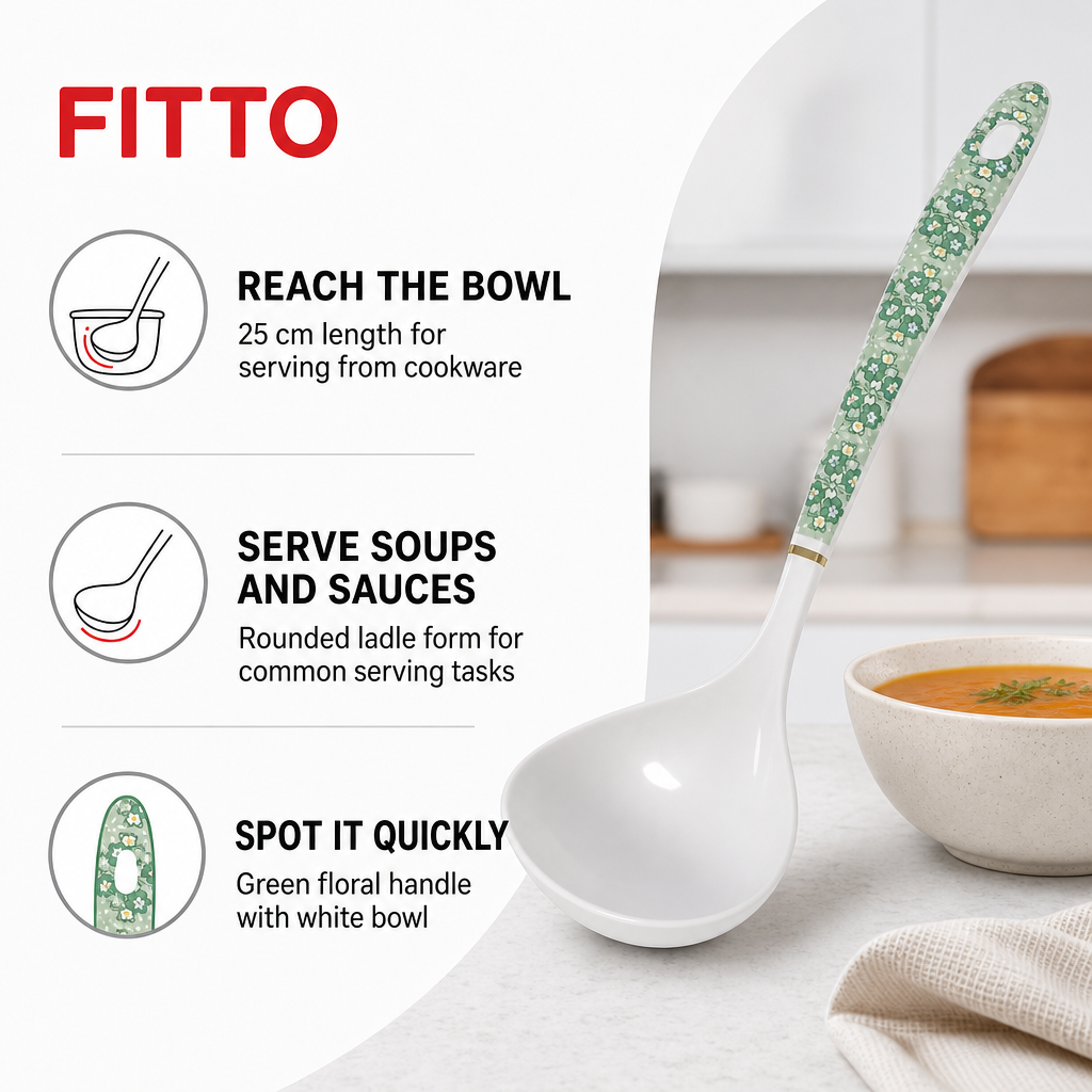 144 Pieces Cooking Ladle with Green Floral Handle, White, 25 cm