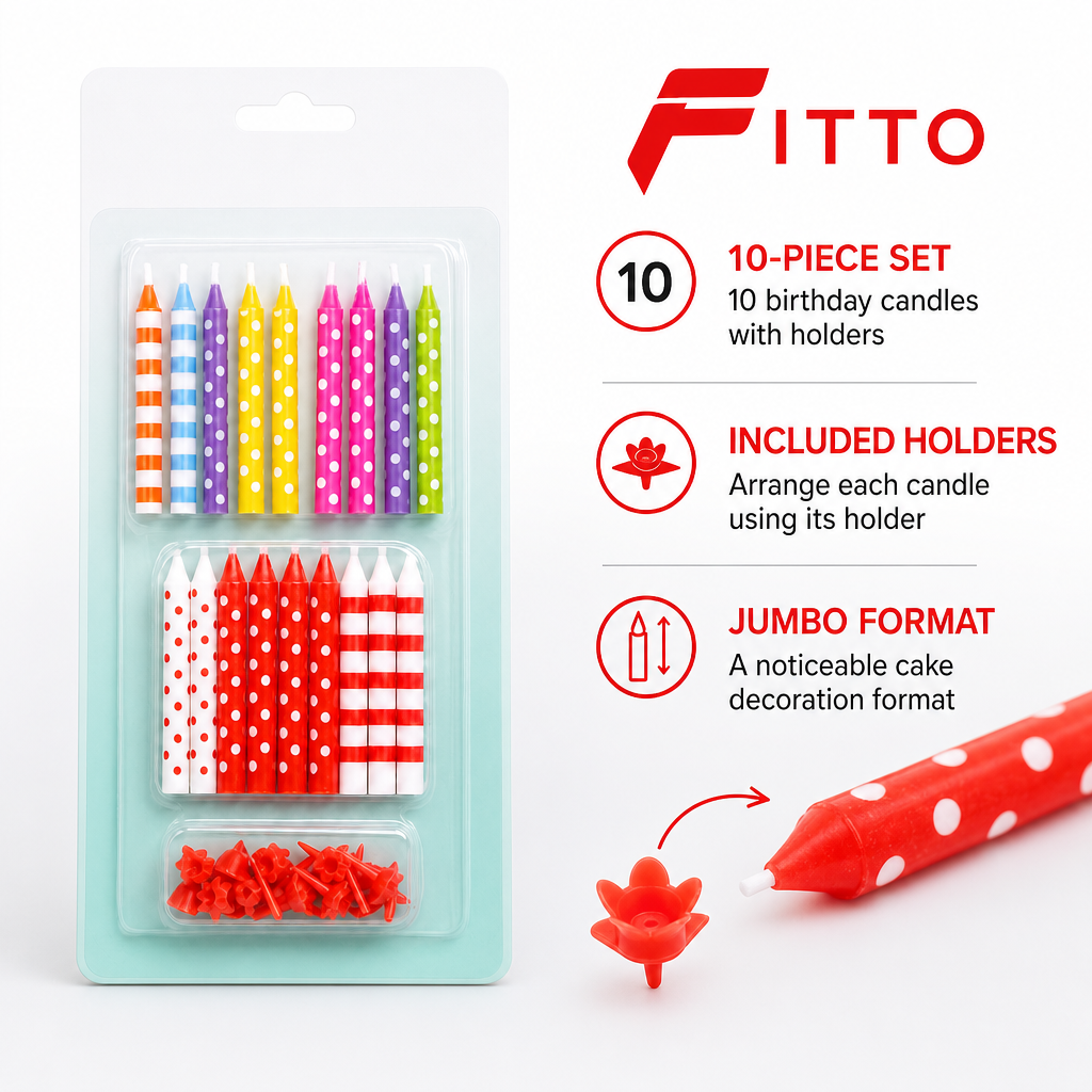 120 Pieces Jumbo Birthday Candles with Holders, 10 Pieces, Red Assorted Colours for Cake Decoration