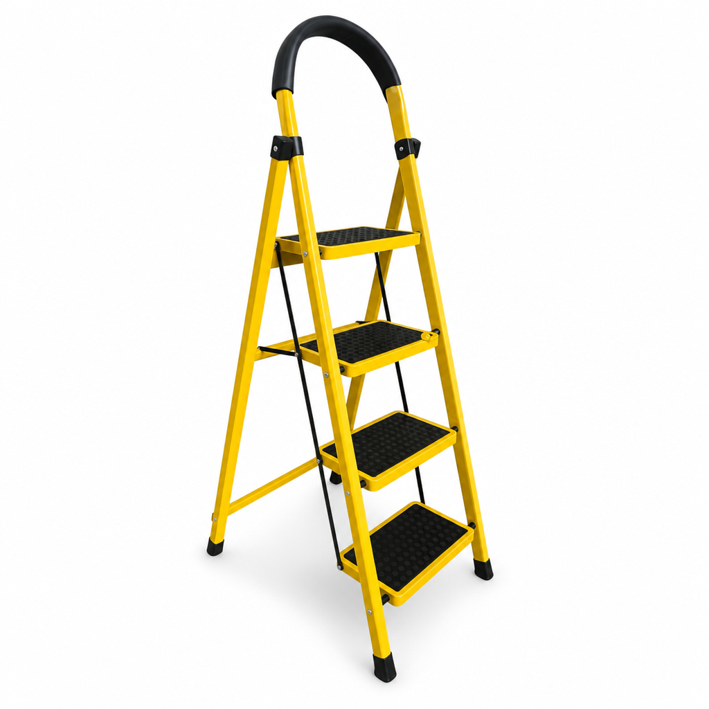 48 Pieces Yellow 4-Step Folding Metal Step Ladders, 141 x 44 cm, Padded Handle, 1 Piece