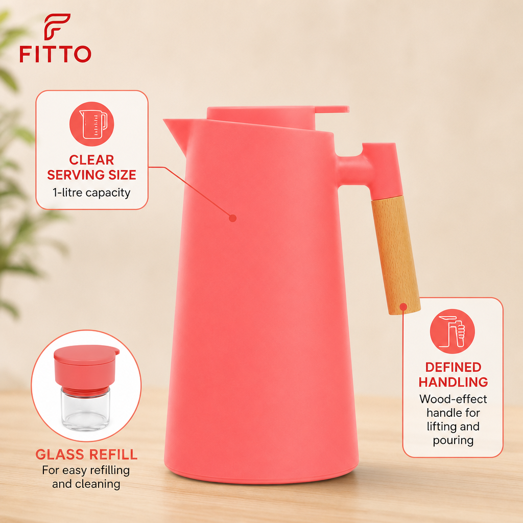 72 Pieces Plastic Vacuum Flask with Glass Refill, 1 Litre, Coral with Wood-Effect Handle