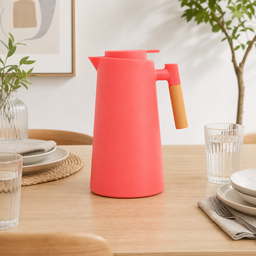 72 Pieces Plastic Vacuum Flask with Glass Refill, 1 Litre, Coral with Wood-Effect Handle
