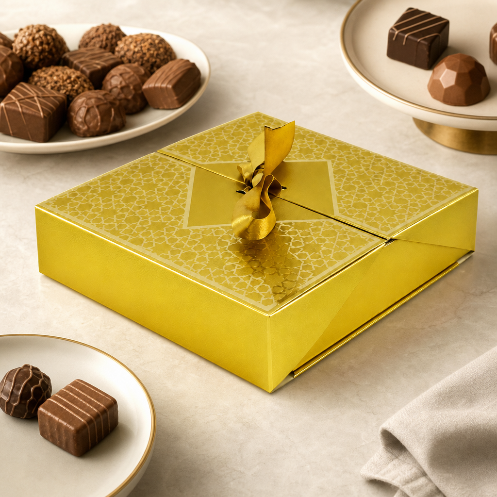 96 Pieces Gold Square Chocolate Presentation Box with Ribbon, 21.5 x 21.5 x 4.5 cm, 1 Piece