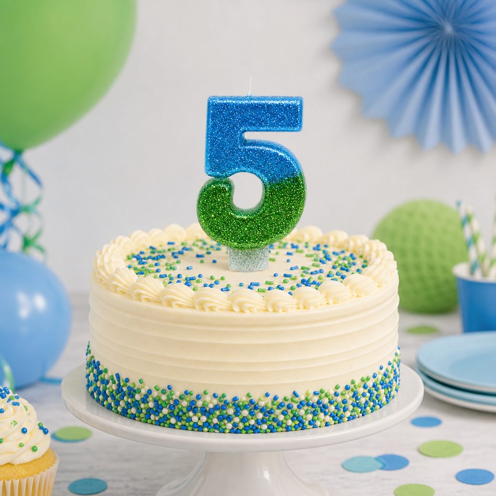240 Pieces Blue and Green Number 5 Birthday Cake Candle, Glitter Celebration Decoration, 2 in, Single Piece