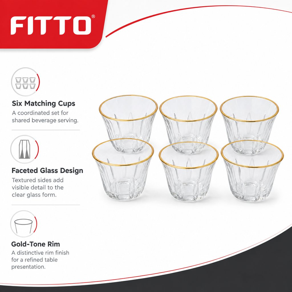 96 Pieces Clear Glass Cawa Cups with Gold-Tone Rims, Faceted Design, 6 Pieces