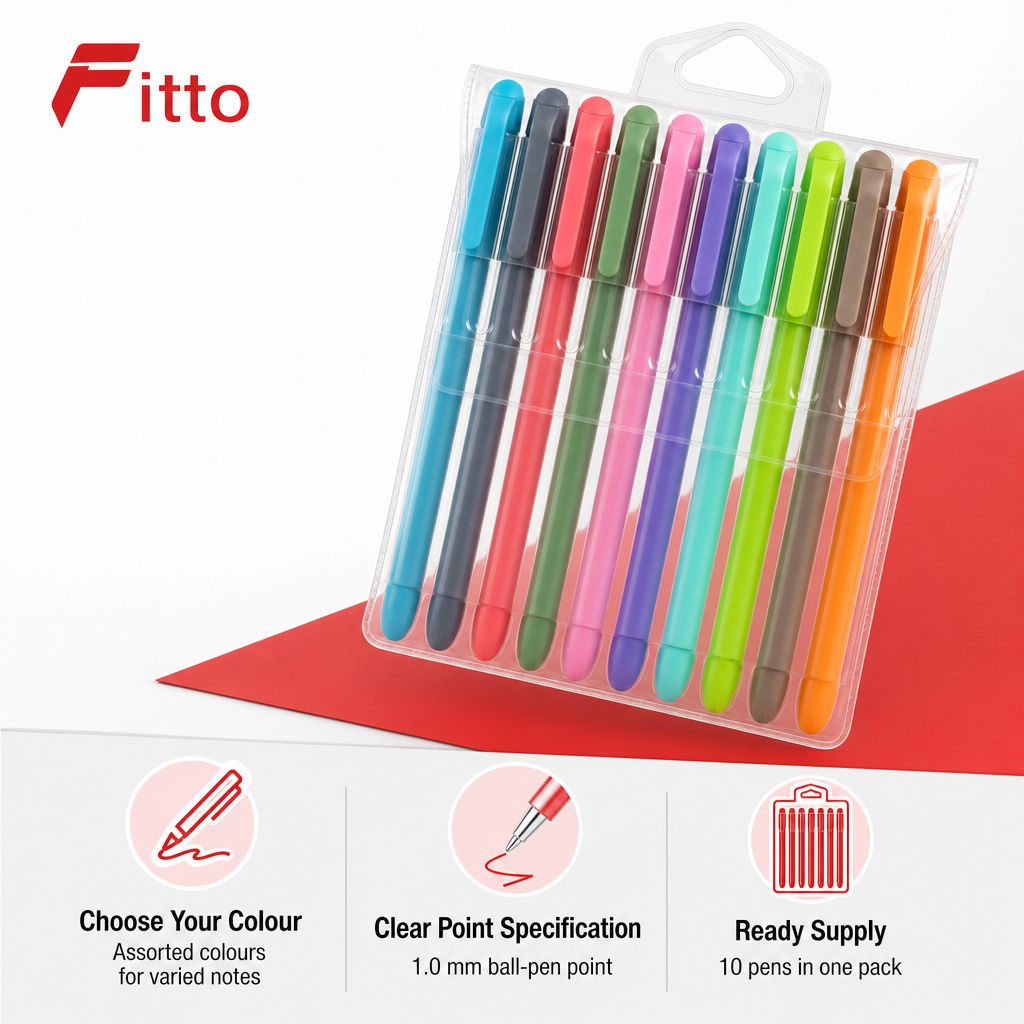 120 Pieces Ball Pens, 1.0 mm, Assorted Colours, 10-Pack