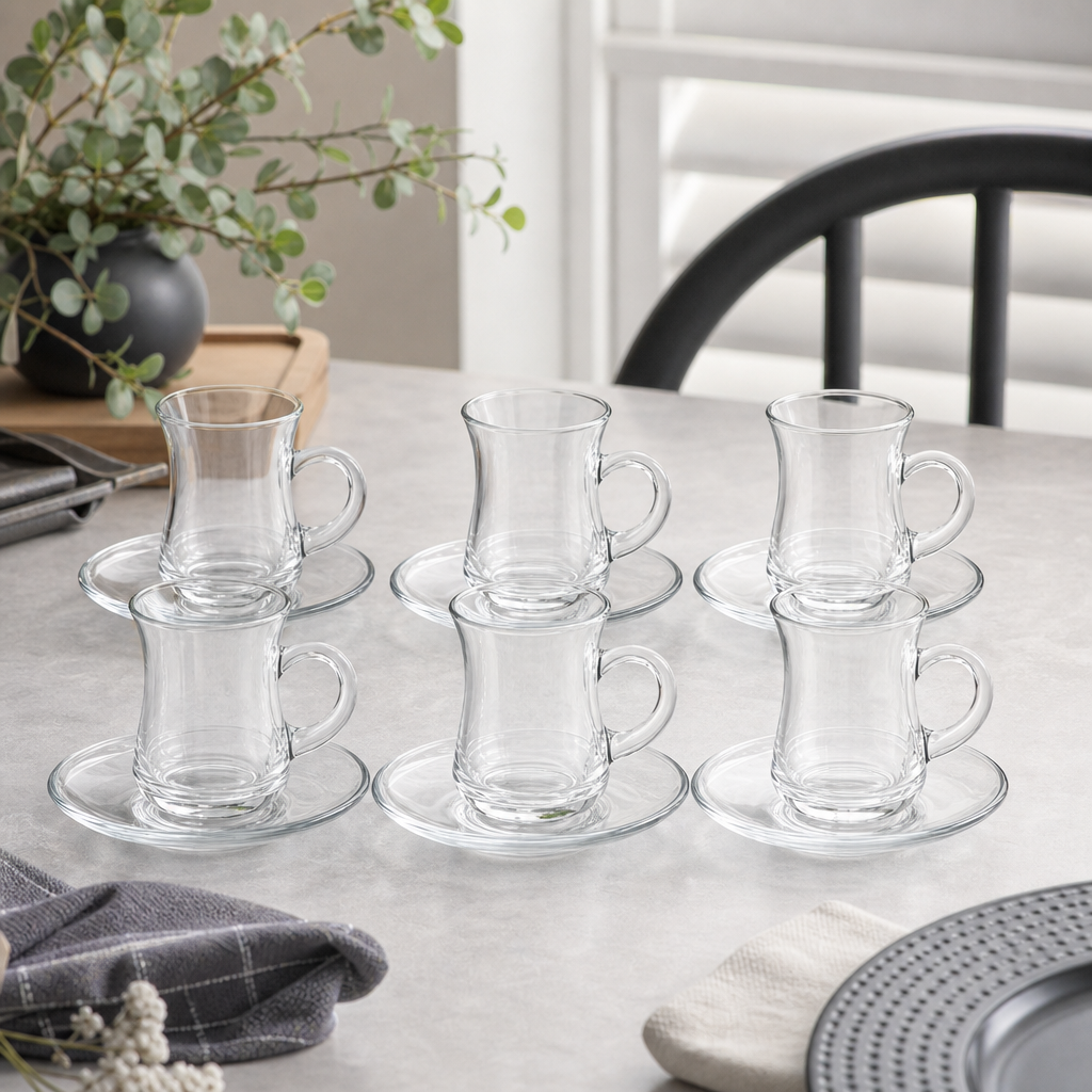 60 Pieces Clear Glass Tea Cup and Saucer Set, 12 Pieces