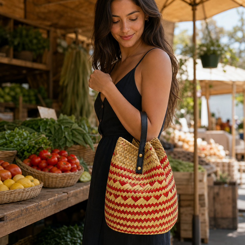 72 Pieces Handwoven Natural Fiber Bucket Handbags, Red and Cream Striped, 22 x 18 x 14 cm