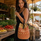 72 Pieces Handwoven Natural Fiber Bucket Handbags, Red and Cream Striped, 22 x 18 x 14 cm