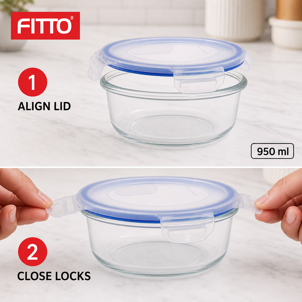 96 Pieces Round Glass Food Container with PP Locking Lid, 950 ml, Clear with Blue Lid