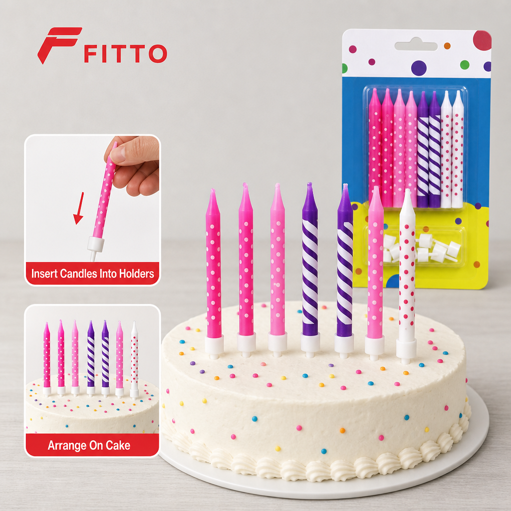 144 Pieces Birthday Candles, Pink-Tone Assorted Printed Set with 8 Holders, Cake Decoration Supplies