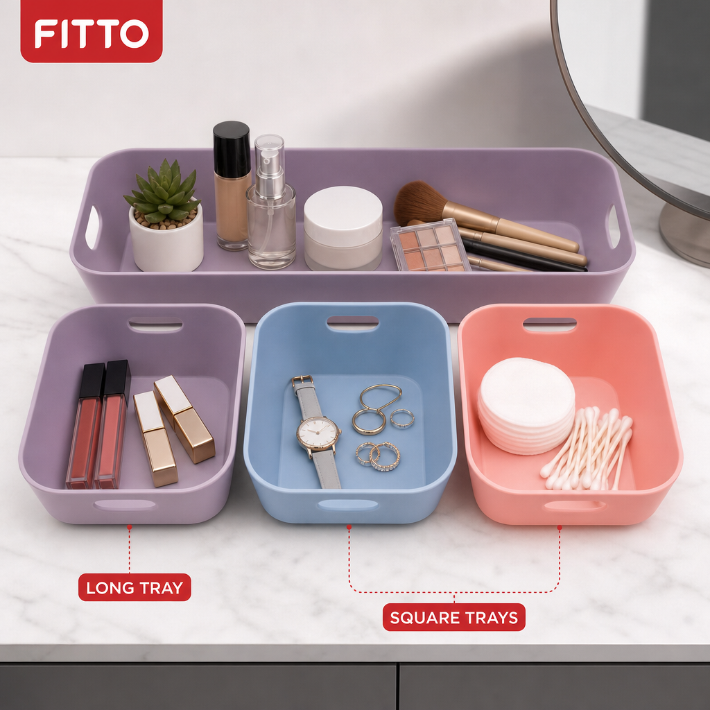 120 Pieces Cosmetic Organizers Tray Set, 4-Piece Mixed Colour Makeup Storage Trays, Long Tray With Three Square Trays
