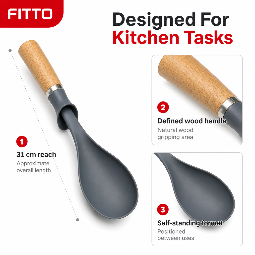 96 Pieces Self-Standing Solid Spoon with Wooden Handle, 31 cm, Gray and Natural Wood, 1 Piece