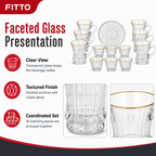 48 Pieces Clear Faceted Glass Tea and Coffee Set, 18 Pieces, Gold-Rimmed Cups and Saucers