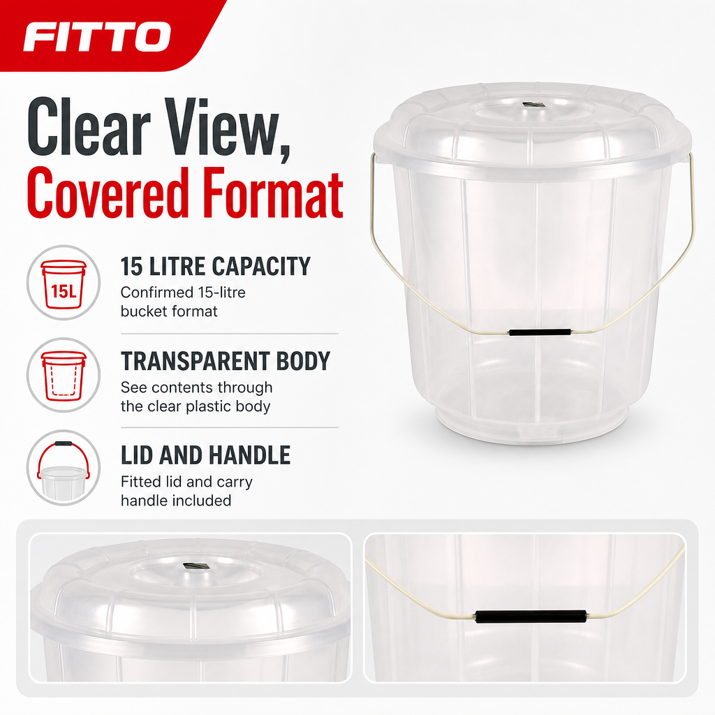 96 Pieces Transparent Plastic Bucket with Lid and Carry Handle, 15 Litre