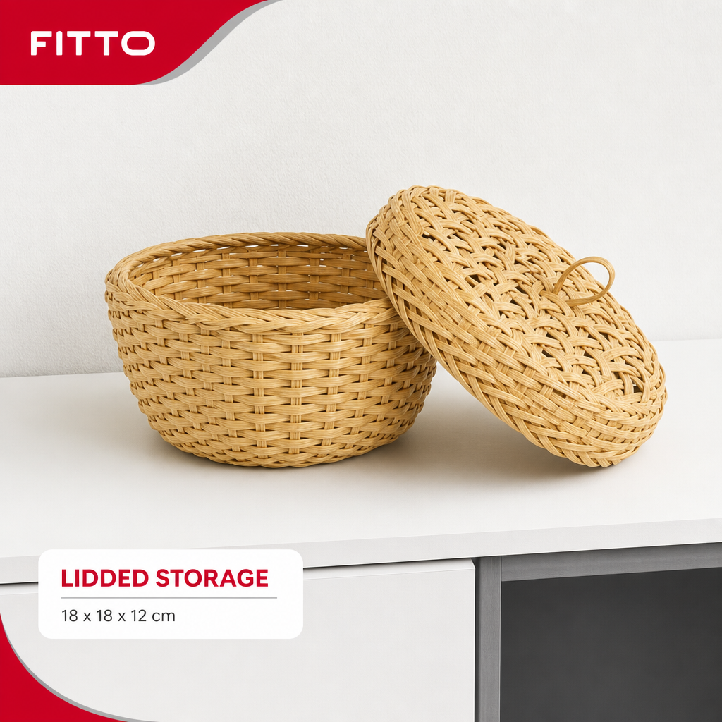 96 Pieces Round Woven Storage Box with Lid, Natural, 18 x 18 x 12 cm