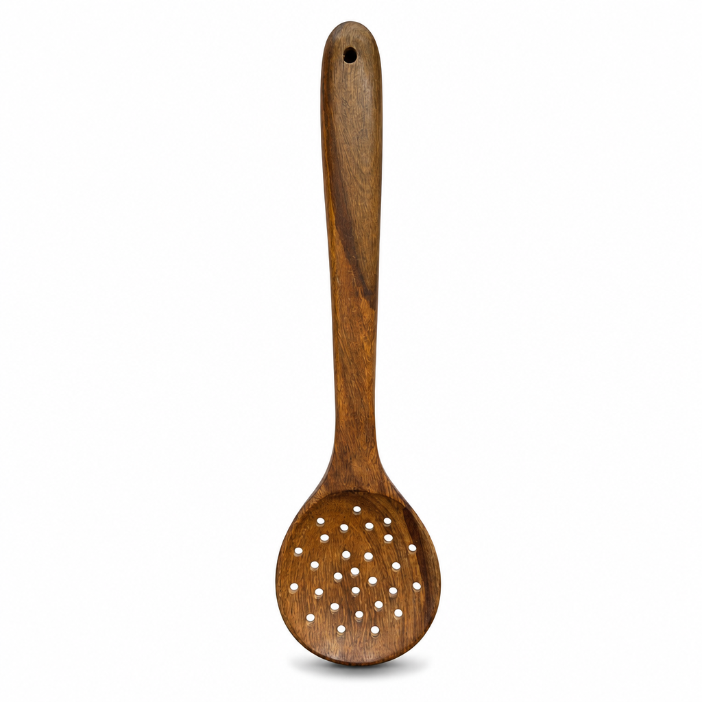120 Pieces Wooden Slotted Cooking Spoon with Round Perforations, 33 cm, Brown, 1 Piece