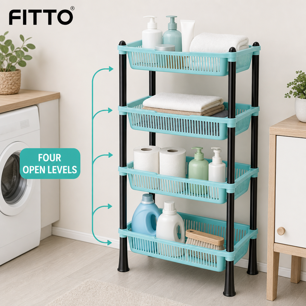 72 Pieces 4-Tier Plastic Storage Basket Rack, Aqua and Black Open Shelving Organizer, 50 x 35 x 22 cm, 1 Unit