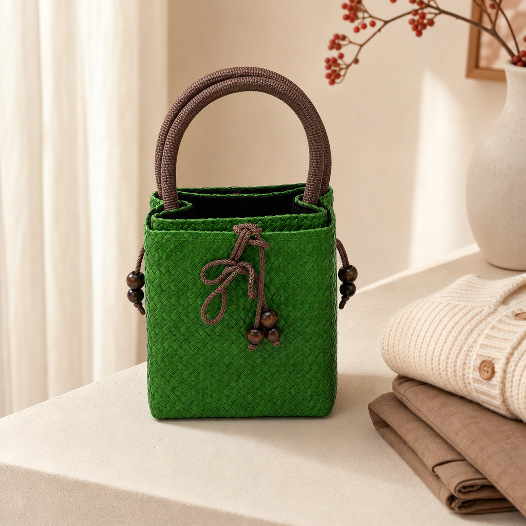 72 Pieces Mini Woven Handbags with Top Handles, Green, 16 x 13 x 8 cm