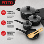 48 Pieces 7-Piece Non-Stick Cookwares Set with Glass Lids and Frying Pan, Black Granite