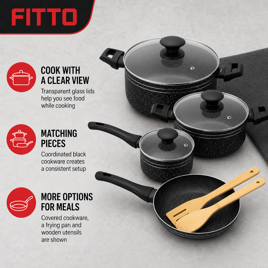 48 Pieces 7-Piece Non-Stick Cookwares Set with Glass Lids and Frying Pan, Black Granite