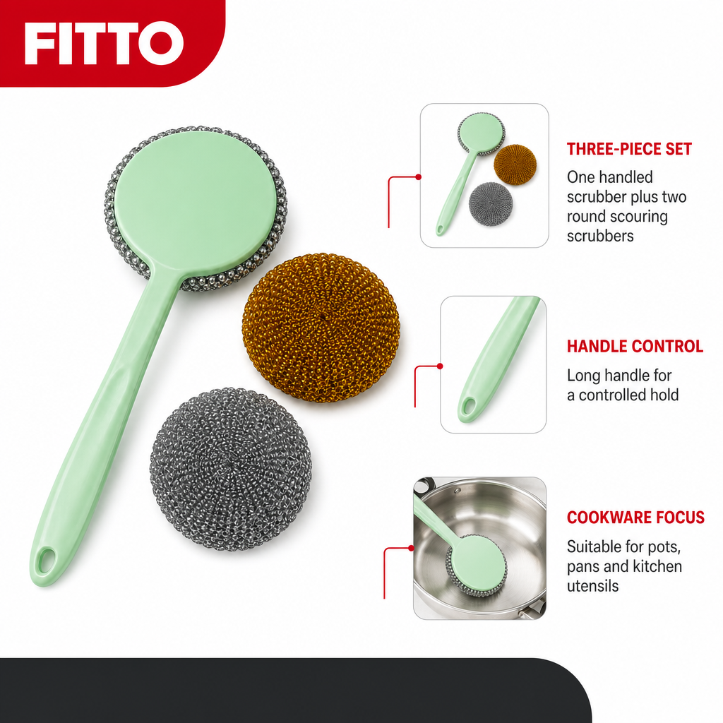 120 Pieces Kitchen Pot Scrubber Set with Handle, Green Gold and Silver Scouring Pads, 3-Piece Set