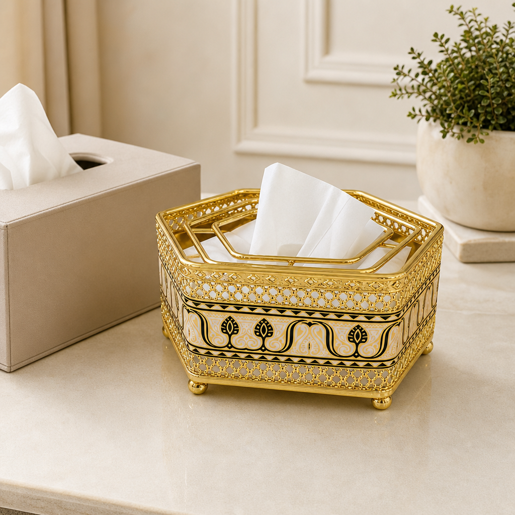 96 Pieces Decorative Hexagonal Tissue Box Holder, Gold and Cream, 1 Piece