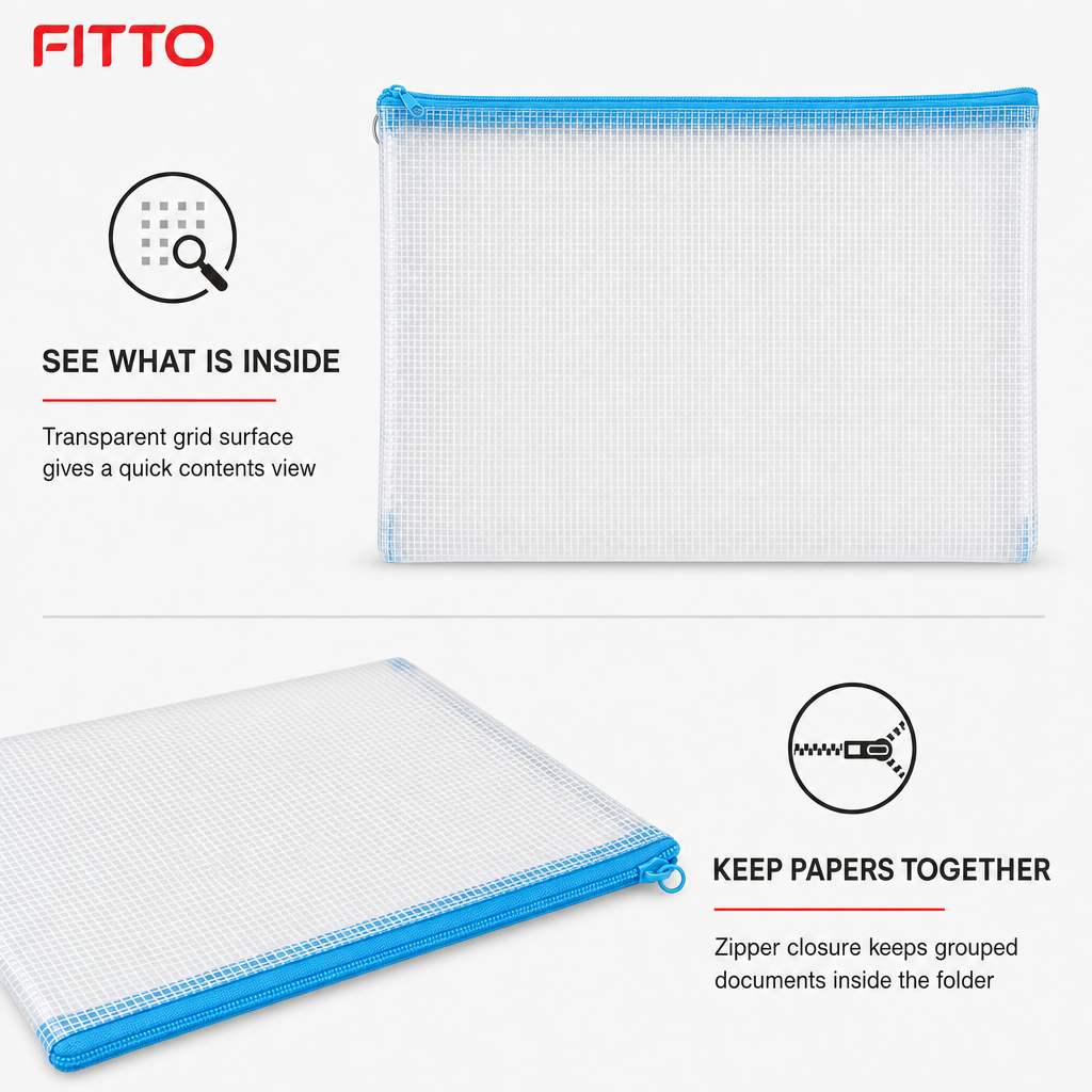 144 Pieces Transparent Grid Zipper Document Folder with Blue Trim, 35 x 25 x 2 cm, 1 Piece