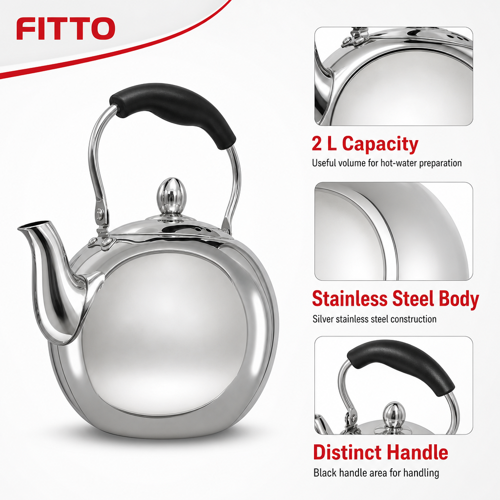 48 Pieces Stainless Steel Stovetop Kettle, 2 L, Silver and Black, 1 Piece