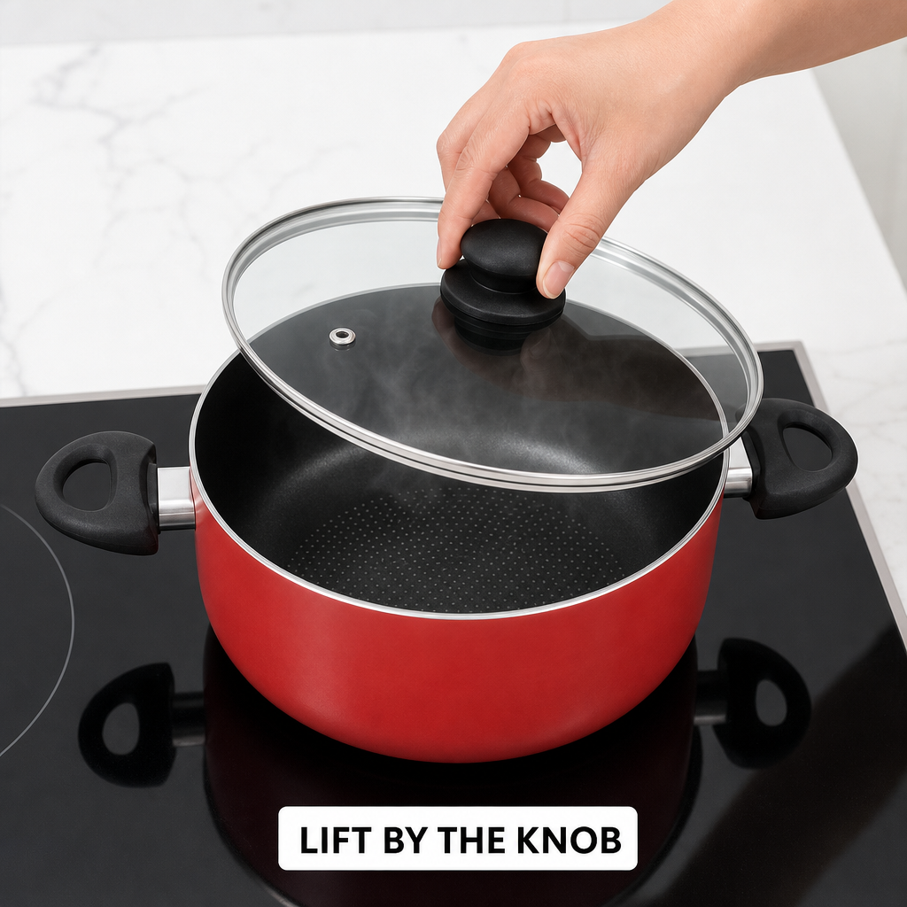 48 Pieces 28 cm Aluminium Non-Stick Saucepot with Glass Lid and Side Handles, Red