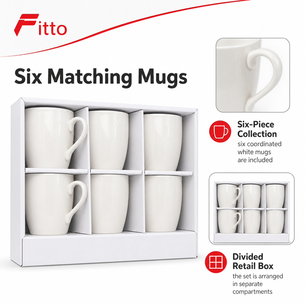 96 Pieces Ceramic Mug Set, White, 6 Pieces, Coordinated Drinkwares for Home Serving