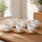 60 Pieces Ceramic Coffee Cups with Bamboo Saucers, White and Natural Wood, 6-Piece Set