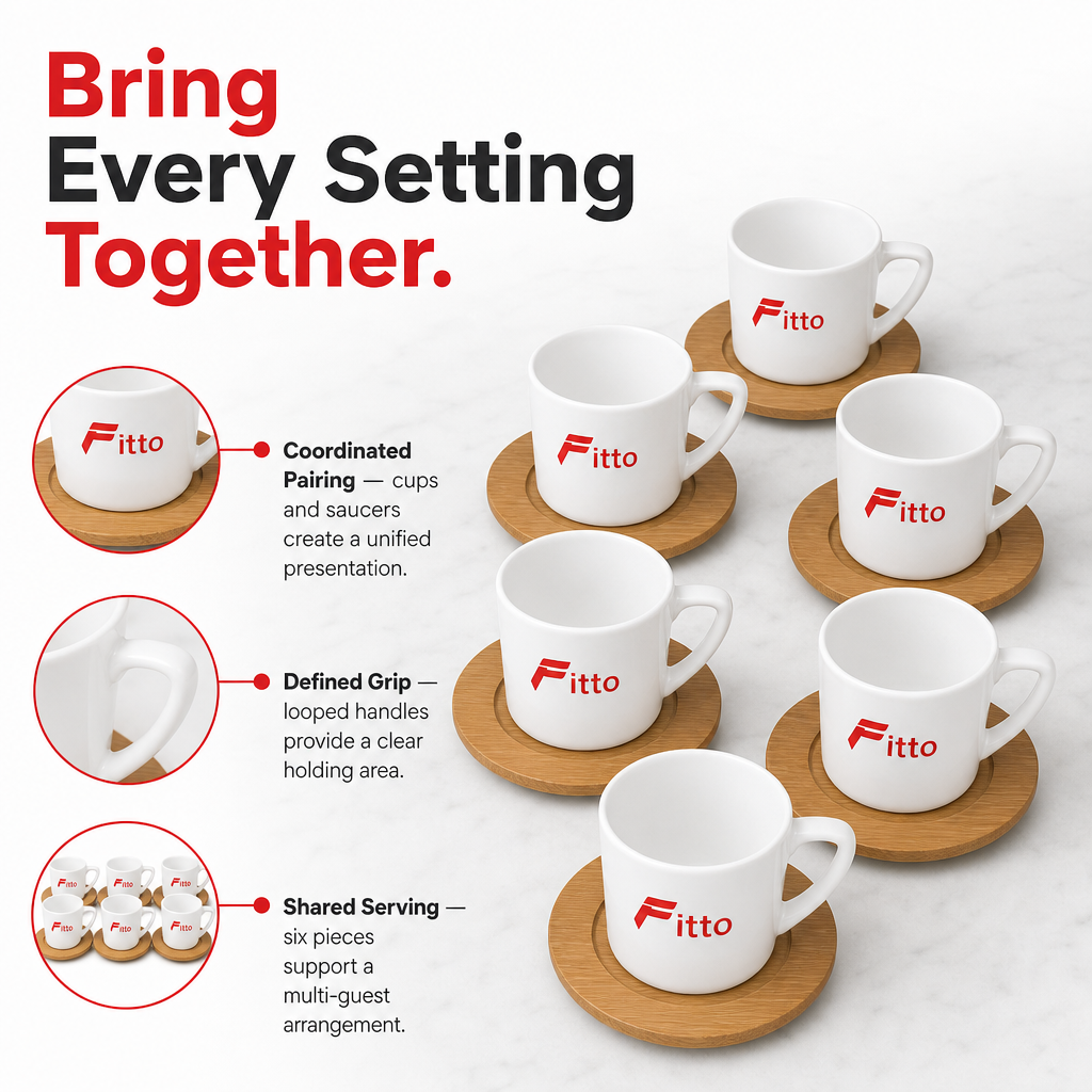 60 Pieces Ceramic Tea and Coffee Cups with Looped Handles and Wooden Saucers, White and Natural Wood, 6 Pieces